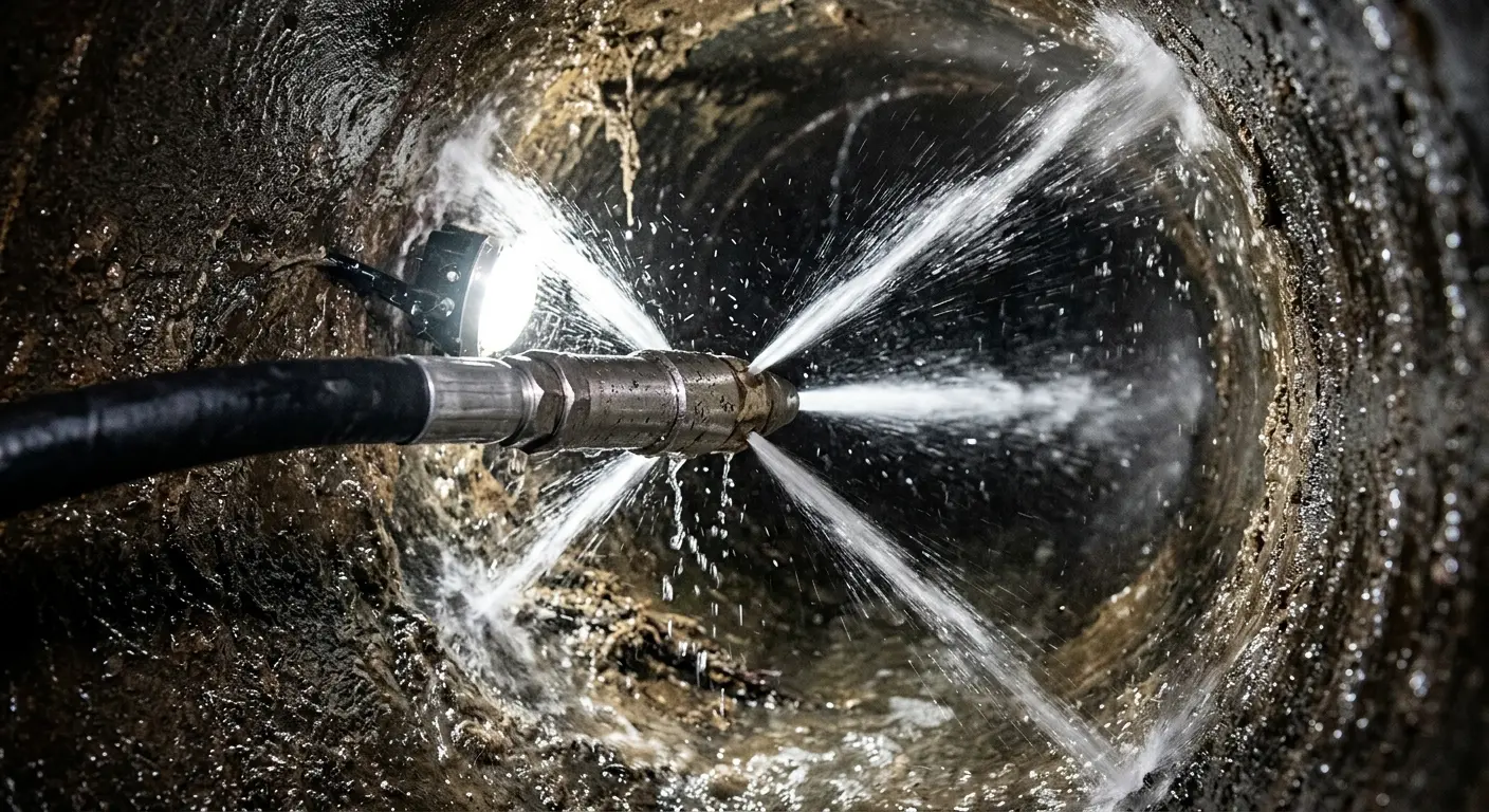 High-pressure hydro jetting nozzle cleaning sewer pipe for Emergency Drain Service in Bee Ridge