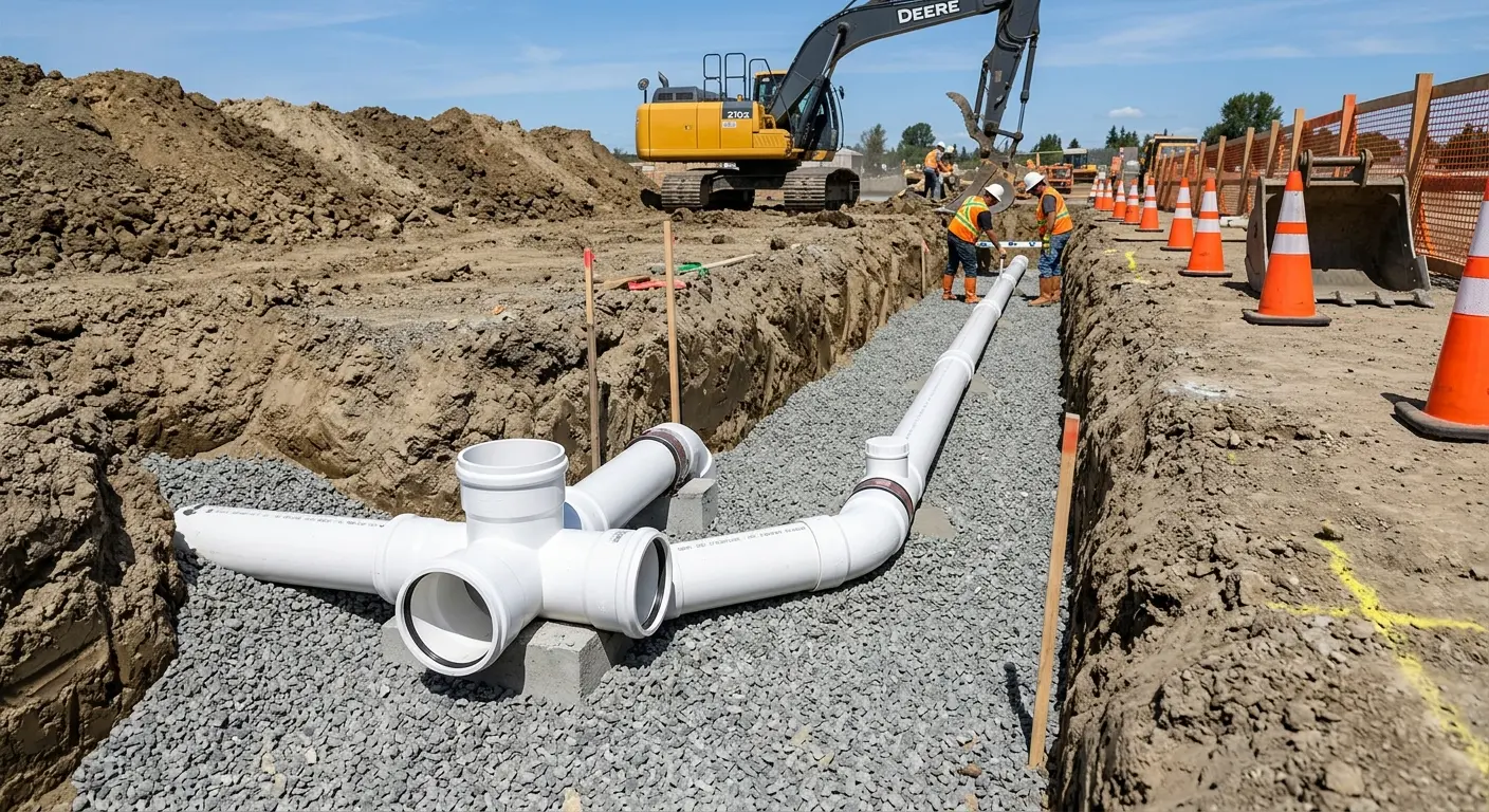 New PVC sewer pipe installation in open trench for Commercial Drain Cleaning in Bee Ridge
