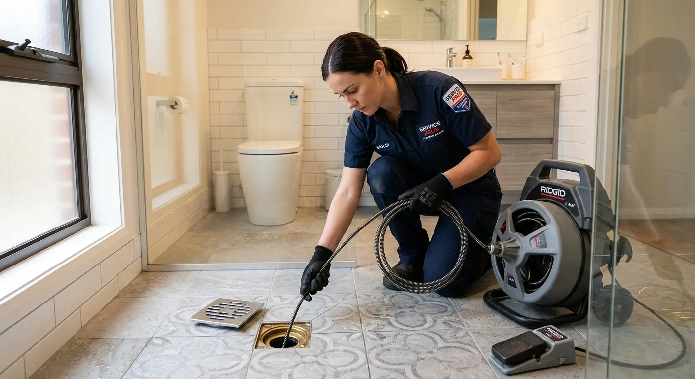Technician clearing a bathroom floor drain for Drain Repair in Bee Ridge